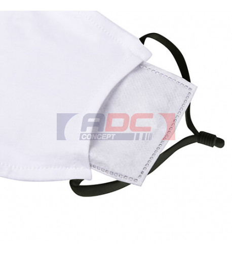 Masque respiratoire en tissu blanc élastique noir avec 2 filtres 100% polyester 18,5 x 13 cm (vendu à l'unité)