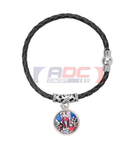 Bracelet tressé en cuir noir avec pendentif et plaque alu Ø 18 mm (vendu à l'unité)