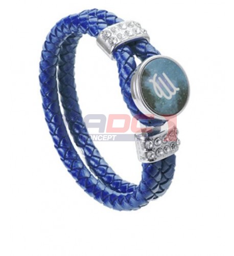 Bracelet tressé en cuir bleu avec plaque aluminium Ø 18 mm (vendu à l’unité)