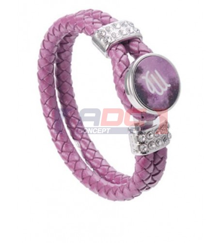 Bracelet tressé en cuir rose avec plaque aluminium Ø 18 mm (vendu à l’unité)