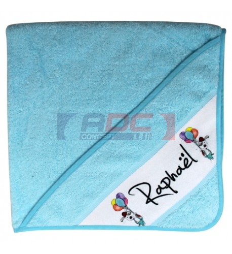 Cape de bain en coton éponge bleu pour enfant avec capuche et bande sublimable blanche (vendu à l'unité)