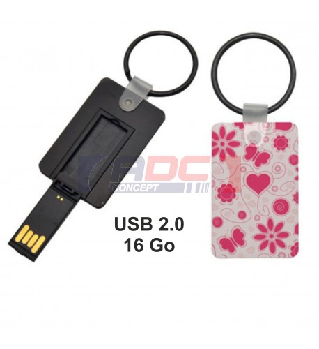 Clé USB 16 Go avec porte-clé et plaque MDF blanche brillante pour
