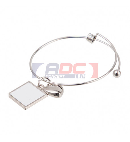 Bracelet fantaisie avec boule et cœur argent métal en alliage de zinc avec carré sublimable (vendu à l'unité)