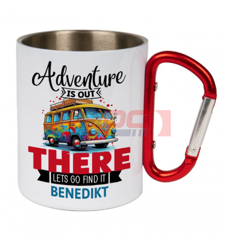 Mug en inox blanc Ø 8 cm hauteur 9 cm avec mousqueton rouge (vendu à l'unité)
