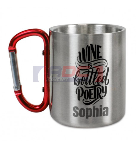 Mug en inox Ø 8 cm hauteur 9 cm avec mousqueton rouge (vendu à l'unité)