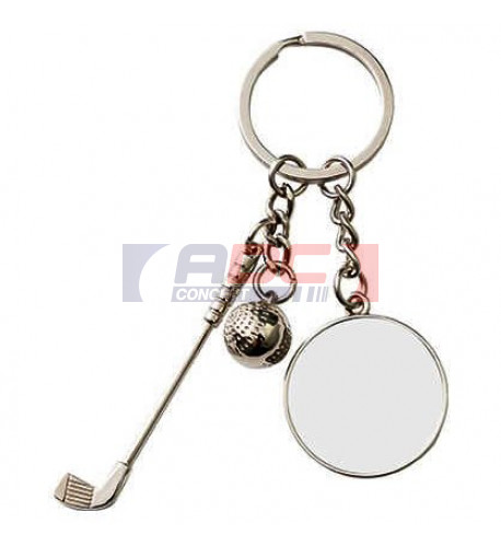 Porte-clé en métal argenté avec une balle et un club de golf