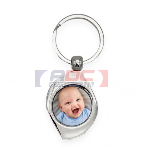 Porte-clé en métal argent brillant avec plaque aluminium ronde (vendu à l'unité)