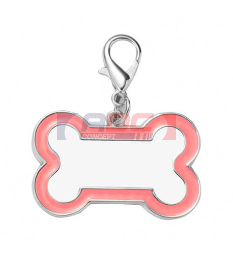 Pendentif forme os pour chien en métal argenté bord rose avec mousqueton (vendu à l'unité)