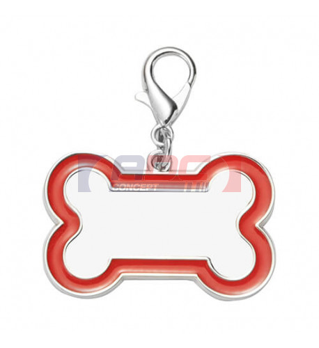 Pendentif forme os pour chien en métal argenté bord rouge avec mousqueton (vendu à l'unité)