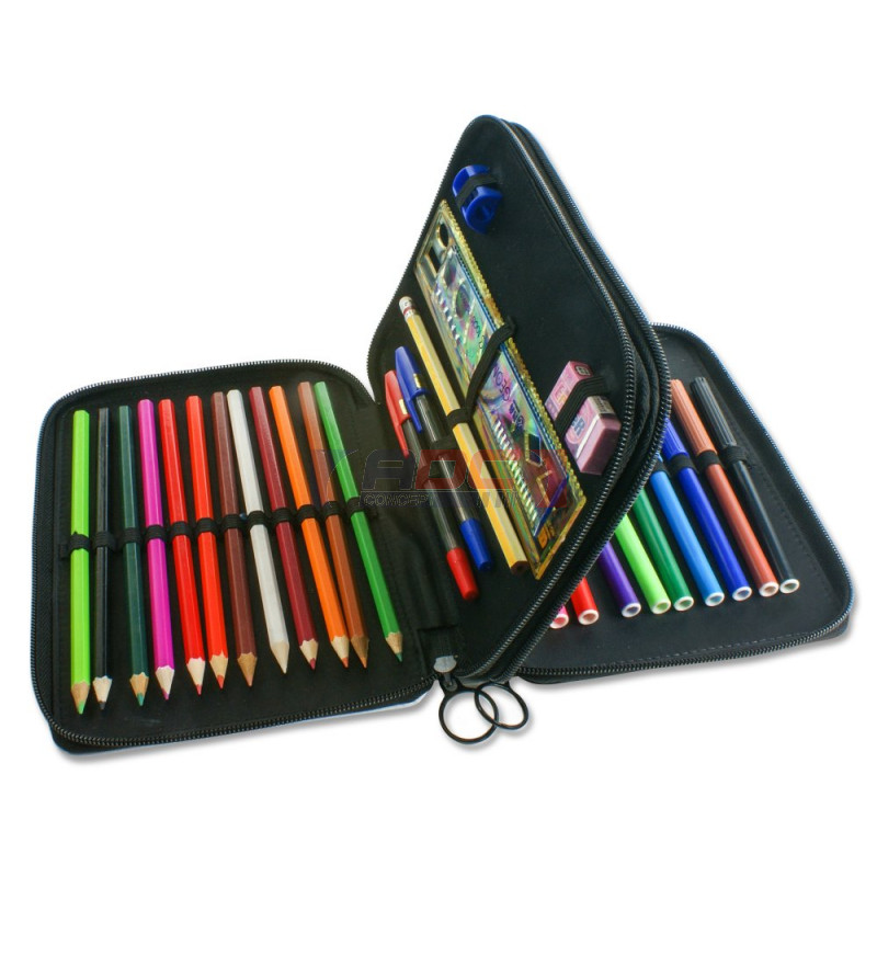 Trousse à crayons noire avec stylos couleur, feutres, règle, taille-crayon,  gomme (vendu à l'unité) - ADC Concept