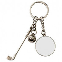 Porte-clé en métal argenté avec une balle et un club de golf (vendu à l'unité)