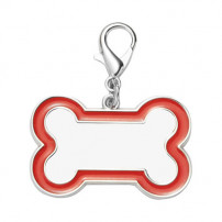 Pendentif forme os pour chien en métal argenté bord rouge avec mousqueton (vendu à l'unité)