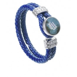Bracelet tressé en cuir bleu avec plaque aluminium Ø 18 mm (vendu à l’unité)