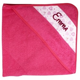 Cape de bain en coton éponge rose pour enfant avec capuche et bande sublimable blanche (vendu à l'unité)