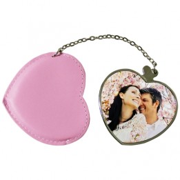 Miroir de poche coeur avec étui rose personnalisable en sublimation 6,4 x 5,9 cm (vendu à l'unité)