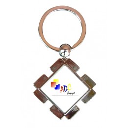 Porte-clé en métal argent brillant avec plaque aluminium carrée (vendu à l'unité)