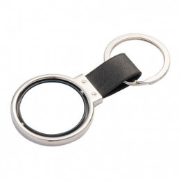 Porte-clé rotatif en métal argenté et cuir 3,7 x 9 cm avec 2 plaques alu Ø 3 cm (vendu à l'unité)