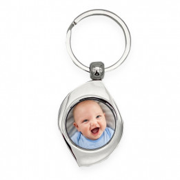 Porte-clé en métal argent brillant avec plaque aluminium ronde (vendu à l'unité)