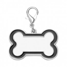 Pendentif forme os pour chien en métal argenté bord noir avec mousqueton (vendu à l'unité)
