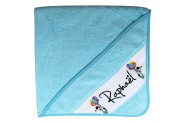 Cape de bain en coton éponge bleu pour enfant avec capuche et bande sublimable blanche (vendu à l'unité)