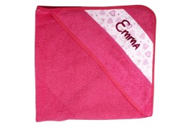 Cape de bain en coton éponge rose pour enfant avec capuche et bande sublimable blanche (vendu à l'unité)