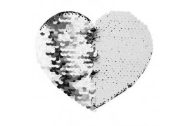 Ecusson thermocollant argent à sequins réversibles blancs forme cœur 12 x 10 cm (vendu à l'unité)