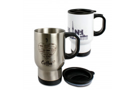 Mug isotherme inox 390 ml avec couvercle H 15 cm - Ø 8,5 cm / Blanc ou argenté (vendu à l'unité)