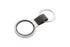 Porte-clé rotatif en métal argenté et cuir 3,7 x 9 cm avec 2 plaques alu Ø 3 cm (vendu à l'unité)