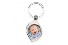Porte-clé en métal argent brillant avec plaque aluminium ronde (vendu à l'unité)