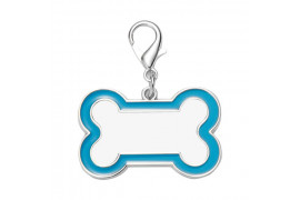 Pendentif forme os pour chien en métal argenté bord bleu avec mousqueton (vendu à l'unité)